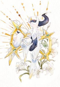 Rule 34 | 1332486839, arceus, black skin, colored skin, commentary, facing to the side, floating, flower, gen 4 pokemon, gold trim, highres, knee up, legendary pokemon, light rays, looking ahead, multicolored skin, mythical pokemon, nintendo, pokemon, pokemon (creature), pokemon focus, red eyes, turning head, two-tone skin, white background, white flower, white hair, white skin