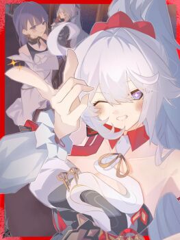 Rule 34 | 3girls, ;o, ahoge, bare shoulders, black dress, black pantyhose, blue eyes, border, breasts, bronya zaychik, bronya zaychik (outstanding attitude), bronya zaychik (silverwing: n-ex), commentary request, dango, detached sleeves, diamond-shaped pupils, diamond (shape), dress, earrings, food, grey hair, highres, holding, holding food, honkai (series), honkai impact 3rd, jewelry, kiana kaslana, kiana kaslana (ba-dum! fiery wishing star), large breasts, long hair, m3enjrveef5ekwt, multiple girls, official alternate costume, one eye closed, pantyhose, purple eyes, purple hair, raiden mei, raiden mei (apho), red border, smile, symbol-shaped pupils, very long hair, wagashi, white hair