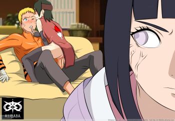 1boy 2girls a1ibaba absurdres age_difference angry black_hair blonde_hair blue_eyes blush boruto:_naruto_next_generations caught cheating_(relationship) clothed_sex cowgirl_position facial_mark finger_to_mouth forehead_protector glasses highres husband_and_wife hyuuga_hinata multiple_girls naruto_(series) netorare one_eye_closed stealth_sex straddling uchiha_sarada uzumaki_naruto vaginal whisker_markings white_eyes wink