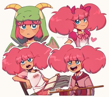 +_+ 1girl :d animal_costume artist_name bare_shoulders big_hair blunt_bangs book book_on_lap bow bowtie bra_strap breasts closed_mouth clothes_writing collared_shirt commentary commission cropped_legs cropped_torso dragon_costume english_commentary english_text frilled_sleeves frills grey_thighhighs hair_bow heart high_guardian_spice highres holding holding_book jacket lence long_sleeves looking_ahead looking_at_viewer multiple_views off-shoulder_shirt off_shoulder official_alternate_costume open_book open_mouth outline parted_lips pink_bow pink_bowtie pink_hair pink_jacket pink_shorts puffy_short_sleeves puffy_sleeves raglan_sleeves ribbed_thighhighs rosemary_(high_guardian_spice) second-party_source shirt short_hair short_shorts short_sleeves shorts simple_background small_breasts smile teeth thighhighs tongue twintails upper_body upper_teeth_only white_background white_outline white_shirt yellow_pupils