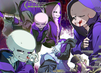 1boy :d alternate_universe black_gloves black_hood black_jacket black_pants black_sclera black_sleeves blood blood_from_mouth chromatic_aberration clenched_teeth colored_sclera commentary_request cropped_legs cropped_torso epictale facing_ahead fingerless_gloves glitch gloves grid_background grin hand_on_own_cheek hand_on_own_chest hand_on_own_face hand_up hands_in_pockets heterochromia highres hood hood_down hood_up hooded_jacket hoodie hunched_over jacket jacket_over_hoodie long_sleeves looking_down male_focus multiple_views nosebleed one_eye_closed open_clothes open_jacket open_mouth outline pants puffy_long_sleeves puffy_sleeves purple_eyes purple_hoodie purple_jacket r_5140 raglan_sleeves red_background sans_(undertale) simple_background skeleton sleeveless sleeveless_jacket smile sweat sweater teeth turtleneck turtleneck_sweater twitter_username undertale utdr_(toby_fox) watermark white_eyes white_outline white_sweater