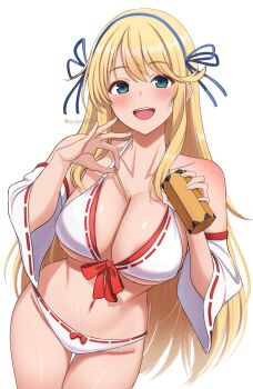 1girl :d bikini blonde_hair blue_eyes blue_hairband blue_ribbon blush breasts cleavage collarbone commentary_request detached_sleeves hair_ribbon hairband highres katsuragi_(senran_kagura) large_breasts long_hair looking_at_viewer open_mouth ribbon senran_kagura simple_background smile solo standing surippa1010 swimsuit teeth thigh_gap thighs twitter_username upper_teeth_only white_background white_bikini white_sleeves