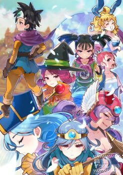 6+girls animal_ears aqua_cape aqua_gemstone armor bikini_armor black_choker black_eyes black_gloves black_hair blonde_hair blue_eyes blue_gemstone blue_hair blue_leotard blue_tunic blunt_bangs blunt_ends bob_cut boots breasts brown_boots brown_eyes brown_gloves cape chinese_clothes choker circlet cleavage commentary_request curly_hair dragon_quest dragon_quest_iii dress earrings everyone fake_animal_ears fingerless_gloves floating_clothes floating_hair gadabout_(dq3) gem gloves gold_circlet green_dress hair_pulled_back hair_tubes half-closed_eyes hand_on_own_hip hat helmet heroine_(dq3) high_ponytail highres holding holding_staff jewelry kuzuno_ha large_breasts leotard long_hair mage_(dq3) mage_staff martial_artist_(dq3) medium_breasts merchant_(dq3) mitre multiple_girls neckerchief open_mouth orange_cape own_hands_clasped own_hands_together pants pink_hair pink_neckerchief playboy_bunny ponytail praying priest_(dq3) profile purple_cape purple_hair rabbit_ears red_armor red_eyes red_gemstone red_helmet roto_(dq3) sage_(dq3) short_hair silver_circlet single_hair_tube smile spiked_hair staff strapless strapless_dress strapless_leotard stud_earrings tunic twintails warrior_(dq3) winged_helmet witch_hat yellow_gloves yellow_pants yellow_sleeves