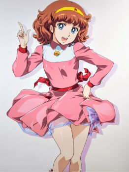 1girl back_bow blue_eyes bow brown_hair collared_dress commentary_request dress feet_out_of_frame grey_background hairband hand_up highres index_finger_raised jewelry lalabel layered_dress magical_girl mahou_shoujo_lalabel medium_hair necklace open_mouth pink_dress red_bow red_sash sash simple_background smash_k-tarou smile solo standing teeth upper_teeth_only yellow_hairband