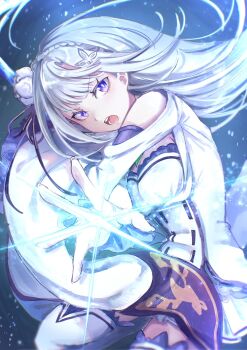 1girl bare_shoulders blue_background braid breasts clothing_cutout crown_braid dress emilia_(re:zero) floating_hair flower gem grey_hair hair_flower hair_ornament hair_ribbon highres holding holding_weapon long_hair looking_at_viewer medium_breasts miniskirt nesigita_rezero open_mouth pleated_skirt pointy_ears purple_eyes purple_ribbon re:zero_kara_hajimeru_isekai_seikatsu ribbon rose shoulder_cutout skirt solo thighhighs weapon white_flower white_hair white_rose white_thighhighs x_hair_ornament zettai_ryouiki
