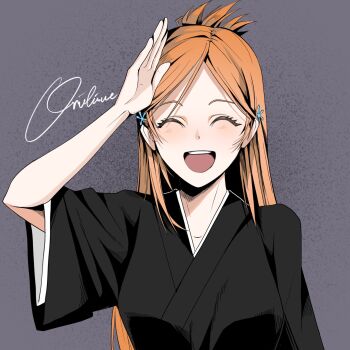 Rule 34 | 1girl, black kimono, bleach, breasts, character name, closed eyes, grey background, hair ornament, half updo, hashtag-only commentary, highres, inoue orihime, japanese clothes, jellyfish irene, kimono, long hair, medium breasts, open mouth, orange hair, parted bangs, shihakusho, smile, snowflake hair ornament, solo, upper body, waving