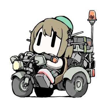1girl alarm_siren aqua_hat beret brown_hair chibi commentary_request grey_skirt hat headgear kantai_collection maya_(kancolle) maya_kai_ni_(kancolle) mini_hat no_mouth riding_tricycle short_hair simple_background skirt solo task_(s_task80) tricycle white_background |_|