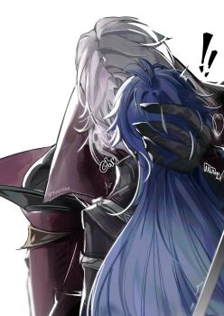 ! !! 2boys absurdres antenna_hair artist_name bandaged_arm bandaged_hand bandages black_bandages black_capelet black_coat blue_hair cape capelet coat collared_cape collared_capelet facing_away flins_(genshin_impact) from_behind genshin_impact gradient_hair hand_on_another&#039;s_head hand_up hashtag-only_commentary high_collar highres kiss long_hair male_focus medium_hair multicolored_hair multiple_boys red_cape rerir_(genshin_impact) simple_background surprise_kiss surprised twitter_username upper_body white_background white_hair yaoi yvalshka
