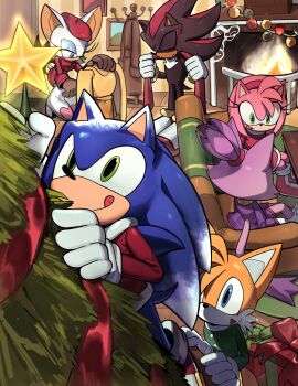 3boys 4girls alternate_costume amy_rose blaze_the_cat coat commentary cream_the_rabbit fireplace furry furry_female furry_male gift headband headpat highres indoors multiple_boys multiple_girls rouge_the_bat santa_costume scarf shadow_the_hedgehog sonic_(series) sonic_the_hedgehog star_ornament symbol-only_commentary tails_(sonic) tongue tongue_out yangxzzzz