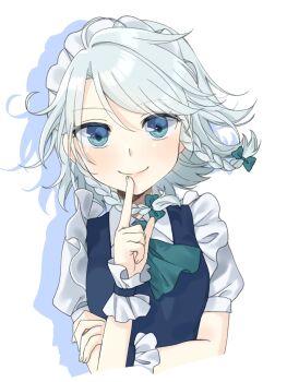 1girl ascot blue_eyes bow braid closed_mouth commentary_request green_ascot green_bow grey_hair hair_bow highres izayoi_sakuya long_hair looking_at_viewer maid maid_headdress puffy_short_sleeves puffy_sleeves short_sleeves smile solo touhou tsuno_no_hito twin_braids upper_body wrist_cuffs