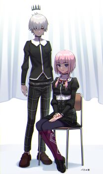 1boy 1girl absurdres blue_eyes braid expressionless full_body halo highres jacket joe0207 kaf_(kamitsubaki_studio) kamitsubaki_studio loafers looking_at_viewer low_twin_braids monark pink_hair protagonist_(monark) red_eyes school_uniform shoes sitting skirt smile twin_braids white_hair yellow_pupils