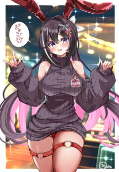 1girl absurdres animal_ears azki_(hololive) black_hair black_sleeves black_sweater breasts detached_sleeves fake_animal_ears highres hololive inokeiwd large_breasts looking_at_viewer mole mole_under_eye multicolored_hair o-ring o-ring_thigh_strap open_mouth panties pink_streaks purple_eyes rabbit_ears red_panties smile solo streaked_hair sweater thigh_strap turtleneck turtleneck_sweater underwear v virgin_killer_sweater virtual_youtuber white_streaks
