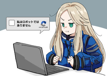 1girl :t blonde_hair blue_coat captcha coat commentary computer diana_(pragmata) green_eyes highres jitome laptop long_hair long_sleeves padded_coat pout pragmata simple_background sitting sleeves_past_wrists solo table tenten_(chan4545) white_background