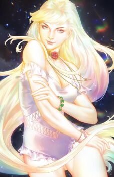 Rule 34 | 1girl, aqua hair, blonde hair, blue background, blue eyes, bracelet, breasts, choker, cleavage, clothing cutout, comic cover, commentary, cover, cover page, cowboy shot, earrings, ejikure, english commentary, eyeshadow, flower, flower choker, frilled one-piece swimsuit, frills, glowing, glowing hair, glowing skin, gold choker, gradient hair, green hair, highres, jewelry, karolina dean, logo, long hair, looking at viewer, makeup, marvel, multicolored hair, official art, one-piece swimsuit, pink eyeshadow, pink hair, red flower, red rose, rose, runaways (marvel), smile, solo, stud earrings, swimsuit, textless version, very long hair, white one-piece swimsuit