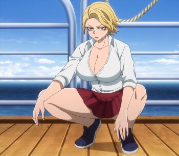 1girl 2025 20s bare_legs blonde_hair blue_sky boat breasts brown_eyes cloud day eyeshadow full_body huge_breasts kneeling large_breasts looking_at_viewer makeup ocean outdoors partially_open_shirt red_skirt ryona sazanami_kuina school_uniform shirt shoes short_hair skirt sky solo sport_shoes squatting stitched thighs third-party_edit tougen_anki watercraft white_shirt yellow_eyes