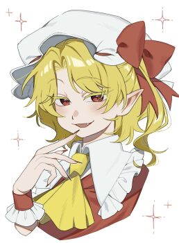 Rule 34 | 1girl, ascot, blonde hair, bow, collared shirt, commentary, fang, fingernails, flandre scarlet, frilled shirt collar, frills, hat, hat bow, highres, long fingernails, looking at viewer, mob cap, one side up, open mouth, pointy ears, red bow, red eyes, red nails, red vest, sakic43899, sharp fingernails, shirt, simple background, smile, solo, touhou, upper body, vest, white background, white hat, white shirt, wrist cuffs, yellow ascot