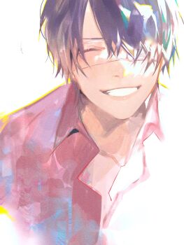 1boy closed_eyes collared_shirt commentary_request eyepatch gintama grin highres male_focus medical_eyepatch not0910butter one_eye_covered open_collar parted_hair pink_shirt portrait purple_hair shirt short_hair smile solo takasugi_shinsuke white_background wing_collar