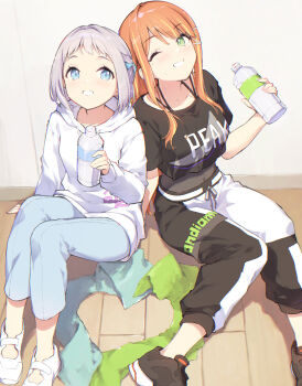 2girls ;d black_shirt blue_ribbon blush bottle braid commentary_request cropped_shirt gakuen_idolmaster grey_hair hair_ribbon half_up_braid highres holding holding_bottle hood hoodie idolmaster katsuragi_lilja miya_kazutomo mole mole_under_eye multiple_girls on_floor one_eye_closed open_mouth orange_hair ribbon ribbon_braid shirt shiun_sumika side-by-side sitting smile sweat towel water_drop white_hoodie