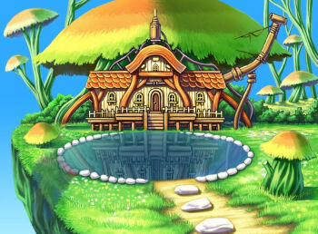 artist_request bush check_artist concept_art door floating_island flower grass house little_tail_bronx no_humans official_art outdoors path pond road rock scenery sky solatorobo tanimeso third-party_source tree water window