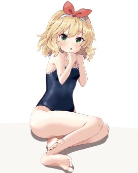 1girl bare_shoulders barefoot blonde_hair blush bow breasts chestnut_mouth collarbone competition_school_swimsuit dot_nose double-parted_bangs full_body good_thighs_day green_eyes hair_between_eyes hair_bow hairband hands_on_own_cheeks hands_on_own_face highres idolmaster idolmaster_cinderella_girls looking_at_viewer medium_breasts one-piece_swimsuit open_mouth red_bow remiri_nicoeli sakurai_momoka school_swimsuit short_hair sidelocks simple_background solo swimsuit thighs white_background white_hairband