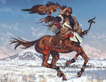 Rule 34 | 1boy, animal, animal ears, arrow (projectile), bird, bow (weapon), breath, brown gloves, brown hair, centaur, coat, commentary request, dark-skinned male, dark skin, edarow, falconry, falconry glove, full body, gloves, holding, holding bow (weapon), holding weapon, horse ears, long hair, male focus, monster boy, muscular, muscular male, original, outdoors, pelt, quiver, running, saddle, snow, solo, taur, weapon, white coat