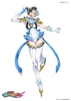 Rule 34 | 1girl, ;d, alternate costume, armor, artist name, asymmetrical gloves, black hair, blue bow, blue eyes, blue ribbon, blue trim, boots, bow, circlet, commentary request, covered navel, earrings, elbow gloves, full body, gloves, gold choker, gold circlet, headset, ice skates, jewelry, leotard, luna snow, magical girl, marvel, marvel rivals, multicolored hair, one eye closed, open mouth, parody, pauldrons, ribbon, short hair, shoulder armor, skates, smile, solo, split-color hair, thigh boots, title parody, vvv rendez, white background, white boots, white gloves, white hair, white leotard