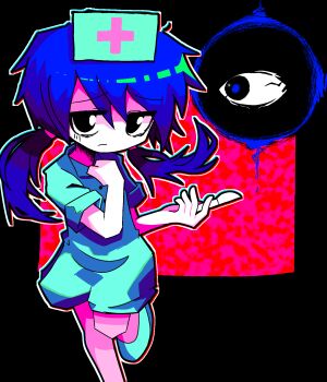 1girl aqua_shirt aqua_shoes bags_under_eyes black_border black_eyes blue_hair border buttons closed_mouth collared_shirt cross eyeball frown gertrud_(ghost_suburb) ghost_suburb_(series) ghost_suburb_ii hand_on_own_chest hat highres holding holding_scalpel jitome leg_up looking_at_viewer nurse nurse_cap nurse_okay outline pale_skin red_background red_cross saghaley scalpel shirt shoes short_twintails twintails white_outline