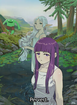 1boy 2girls absurdres blunt_bangs closed_mouth commentary day disgust dress earrings elf english_text expressionless feet fern_(sousou_no_frieren) flat_chest forest frieren green_eyes grey_hair hair_down highres jewelry justin_leyva_(steamy_tomato) lily_pad long_hair long_pointy_ears looking_at_viewer moss mountainous_horizon mr._frog_(smiling_friends) multiple_girls nature outdoors parted_bangs parted_lips pointy_ears purple_hair ripples rock short_eyebrows signature sleeveless sleeveless_dress smiling_friends solo sousou_no_frieren standing subtitled teardrop_earrings toes tree very_long_hair wading washing_hair water water_drop wet wet_clothes white_dress