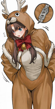 1girl :o animal_costume bell blue_eyes bow brown_hair commentary fate_(series) highres kamisato_sora reindeer_costume solo symbol-only_commentary tohsaka_rin twintails zipper_pull_tab