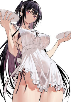 1girl apron bikini black_hair blush breasts colored_inner_hair frilled_apron frills haite_kudasai_takamine-san hiiragi_yuuichi holding holding_plate large_breasts long_hair looking_at_viewer looking_down multicolored_hair parted_lips plate purple_hair ribbon see-through_clothes side-tie_bikini_bottom simple_background solo standing swimsuit takamine_takane thighs very_long_hair
