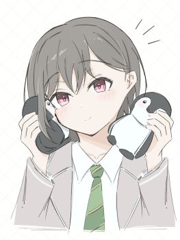 Rule 34 | 1girl, bang dream!, bang dream! it's mygo!!!!!, commentary, diagonal-striped clothes, diagonal-striped necktie, green necktie, grey hair, grey jacket, hands up, haneoka school uniform, highres, jacket, melty lubll, necktie, pink eyes, school uniform, shirt, short hair, solo, striped clothes, stuffed animal, stuffed penguin, stuffed toy, symbol-only commentary, takamatsu tomori, upper body, white background, white shirt