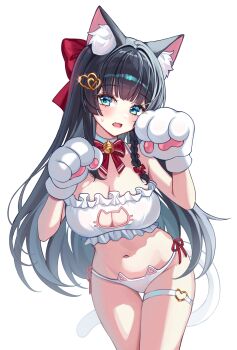 1girl absurdres animal_ear_fluff animal_ears animal_hands bare_shoulders bell black_hair blue_eyes blush bow bowtie bra breasts cat_cutout cat_ear_panties cat_ears cat_girl cat_lingerie cat_tail choker cleavage cleavage_cutout clothing_cutout cowboy_shot fang frilled_bra frills gloves hair_bow hair_ornament hands_up heart heart_hair_ornament heart_o-ring highres jingle_bell kemonomimi_mode large_breasts lingerie long_hair looking_at_viewer navel o-ring o-ring_thigh_strap open_mouth panties paw_gloves paw_pose shirayuki_hina side-tie_panties simple_background solo standing stellive stomach sweat sweatdrop tail thigh_gap thigh_strap underwear underwear_only very_long_hair virtual_youtuber white_background white_bra white_choker white_gloves white_panties yulha_06