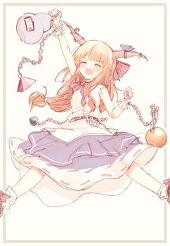 1girl ^_^ absurdres ball_and_chain_restraint blonde_hair blush bow brown_horns chain closed_eyes commentary english_commentary facing_viewer fang gourd hair_bow highres holding holding_gourd horn_ornament horn_ribbon horns ibuki_suika long_hair m1saki_1 oni open_mouth purple_skirt red_bow ribbon ribbon-trimmed_skirt ribbon_trim shirt skirt smile solo touhou white_shirt