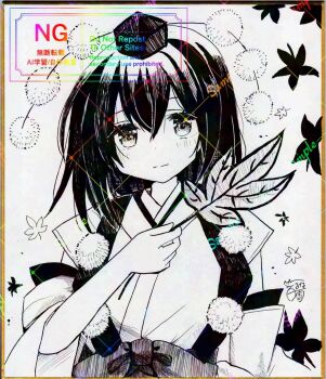 Rule 34 | 1girl, autumn leaves, blush, closed mouth, commentary request, detached sleeves, falling leaves, greyscale, hat, hauchiwa, highres, hoshi tea party, japanese clothes, kimono, kourindou tengu costume, leaf, looking at viewer, medium hair, monochrome, official alternate costume, pom pom (clothes), shameimaru aya, shikishi, solo, tokin hat, touhou, traditional media, upper body, watermark, watermark grid