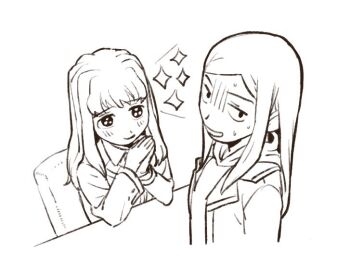 2girls blush fujino_shizuru fuuka_academy_school_uniform greyscale hood hoodie kuga_natsuki long_hair looking_at_another monochrome multiple_girls my-hime open_mouth own_hands_together sachison school_uniform smile sparkle sweat