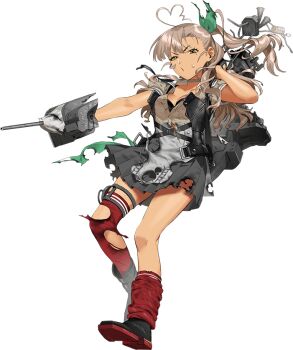 adapted_turret ahoge apron bad_link black_boots black_gloves boots brown_hair burnt_clothes choker dark-skinned_female dark_skin fingerless_gloves full_body gloves green_eyes grey_apron grey_choker grey_overskirt grey_sailor_collar grey_skirt heart heart_ahoge kantai_collection kashi_(kancolle) looking_at_viewer machinery mole mole_under_eye official_art one_side_up red_thighhighs sailor_collar sailor_shirt shirt skirt thighhighs transparent_background umihara_sakana v v-shaped_eyebrows