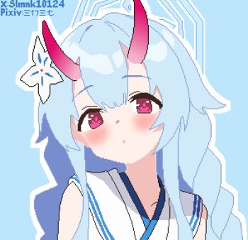 1girl :o absurdres blue_archive blue_background blue_hair blue_halo blush chise_(blue_archive) double-parted_bangs flower hair_flower hair_ornament halo hashtag-only_commentary highres horns japanese_clothes kimono long_hair looking_at_viewer oni open_mouth outline pink_eyes pixel_art portrait sideless_kimono simple_background skin-covered_horns slmnk10124 solo white_kimono white_outline