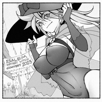 Rule 34 | 1girl, border, breasts, bridal gauntlets, cape, closed mouth, commentary, cowboy shot, crowd, dutch angle, english commentary, greyscale, hands up, hat, large breasts, leotard, long hair, looking at viewer, monochrome, original, see-through cape, solo focus, strapless, strapless leotard, studionice2011, white border, witch, witch hat