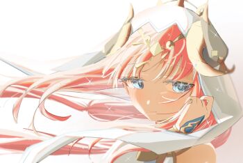 1girl absurdres blue_eyes closed_mouth commentary_request e6imay0 fake_horns genshin_impact hand_up harem_outfit highres horns long_hair looking_at_viewer nilou_(genshin_impact) portrait red_hair simple_background solo veil white_background white_veil