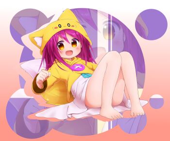 Rule 34 | 1girl, animal ears, bad id, bad pixiv id, barefoot, fake animal ears, feet, female focus, highres, hood, hoodie, jacket, legs, long hair, nipeira, original, purple hair, sitting, skirt, smile, solo, tail, toes, yellow eyes, yuzuwa-chan, zoom layer