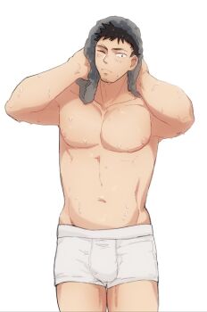 Rule 34 | 1boy, after bathing, andre kitami, bara, black hair, blush, boxers, bulge, cowboy shot, drying, drying hair, drying own hair, facial hair, goatee stubble, hibino kafka, highres, kaijuu no. 8, large pectorals, male focus, male underwear, muscular, muscular male, navel, nipples, one eye closed, pectorals, short hair, simple background, solo, standing, stomach, stubble, topless male, underwear, wet, white background