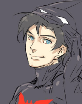 1boy batman batman_(series) batman_beyond black_background black_bodysuit black_gloves black_hair black_theme blue_eyes bodysuit bright_pupils covered_collarbone dc_comics gloves looking_at_viewer male_focus mask unworn_mask miyata_souji shadow sketch smile solo terry_mcginnis white_pupils