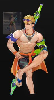 abs absurdres bara black_background black_shorts blonde_hair closed_mouth clothes_around_waist commentary_request eloseu_(haribochase) eyewear_on_head flip-flops highres holding holding_behind_back holding_weapon_behind_back jewelry korean_commentary looking_to_the_side male_focus muscular muscular_male navel necklace nipples official_alternate_costume orange_shirt overwatch pectorals photo-referenced reference_inset sandals shirt shirt_around_waist shorts smile staff sunglasses topless_male wuyang_(overwatch)