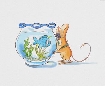 Rule 34 | absurdres, animal, aquarium, blue hat, blue scales, commentary, dooby, dooby (jerboa), english commentary, fins, fish, fish tail, glasses, green eyes, green neckerchief, hat, highres, indie virtual youtuber, jerboa, louisewong art, neckerchief, sameko saba, sameko saba (fish), simple background, simple fish, tail, virtual youtuber