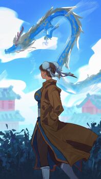 1girl architecture blue_dress blue_sky boots breasts brown_coat brown_hair brown_pantyhose capcom china_dress chinese_clothes chun-li cloud cloudy_sky coat commentary double_bun dragon dress earrings east_asian_architecture eastern_dragon feet_out_of_frame flying from_side hair_bun hand_in_pocket highres jewelry large_breasts looking_to_the_side open_clothes open_coat outdoors pantyhose pearl_earrings pelvic_curtain ribbon sash sky street_fighter street_fighter_ii_(series) symbol-only_commentary walking white_boots white_ribbon white_sash yumi_xsh
