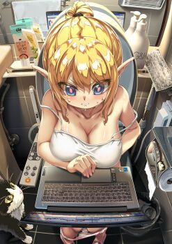 1girl absurdres animal animal_print annoyed bare_shoulders bathroom blonde_hair blue_eyes blush bottle breasts broom camisole cat cat_print cleavage computer elf highres huge_breasts japanese_toilet laptop looking_down lotion mirror miyu_(miyu_heuung) nails on_toilet original panties panty_pull paper pink_pupils pointy_ears reflection reflective_surface room sandals serious shoes sitting stock_trading_elf_(miyu) strap_slip striped_clothes striped_panties sweat teeth toilet toilet_paper toilet_use trash_can underwear white_camisole yellow_eyes