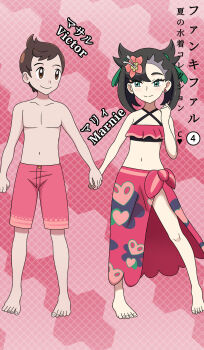 1boy 1girl absurdres ahoge aqua_eyes arm_at_side armpit_crease arms_at_sides asymmetrical_bangs barefoot bikini black_hair brown_eyes brown_hair character_name child clenched_hand collarbone crease cross-laced_clothes cross-laced_top earrings eye_contact eyelashes fankifalu feet flat_chest flower flower_on_head full_body hair_flower hair_ornament halterneck hand_up happy heel_up highres holding_hands japanese_text jewelry knees legs light_blush long_hair looking_at_another male_swimwear marnie_(pokemon) marnie_(summer_2021)_(pokemon) matching_hair/eyes midriff multicolored_bikini navel neck nintendo no_headwear official_alternate_costume official_style pale_skin pigeon-toed pink_background pink_bikini pink_sarong pink_swim_trunks pokemon pokemon_masters_ex pokemon_swsh print_sarong sarong scan short_hair smile standing stomach stud_earrings swim_trunks swimsuit thick_eyebrows thighs toenails toes topless_male twintails two-tone_bikini undercut victor_(pokemon)