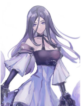 1girl 3ch_ bare_shoulders bow breasts choker cleavage collarbone detached_sleeves drag-on_dragoon drag-on_dragoon_3 dress elbow_gloves facial_mark forehead_mark gloves hair_between_eyes hair_ornament hairclip highres long_hair miichinori purple_dress purple_eyes purple_gloves purple_hair ribbon_choker roman_numeral solo three_(drag-on_dragoon) white_background