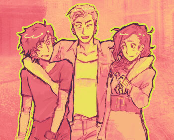 Rule 34 | 1girl, 2boys, arm around shoulder, carlos (kyokugen dasshutsu), closed mouth, collarbone, commentary, dress, english commentary, eyelashes, green outline, hair over shoulder, highres, jacket, junpei (kyokugen dasshutsu), kurashiki akane, kyokugen dasshutsu, limited palette, long hair, long sleeves, monochrome, multiple boys, one eye closed, oneinhiding, open clothes, open jacket, open mouth, outline, pants, sash, shirt, short hair, short sleeves, smile, sweatdrop, watch, wristwatch, zero escape: toki no dilemma