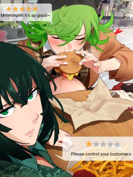 1boy absurdres bald blurry blurry_background blush bow bow_panties brown_cardigan building burger cardigan closed_eyes closed_mouth curly_hair eating english_text food french_fries fubuki_(one-punch_man) green_eyes green_hair green_shirt hair_between_eyes heart highres holding holding_food implied_cunnilingus jewelry ketchup khyle. long_sleeves looking_at_viewer nail_polish one-punch_man panties photo_background red_bow ring saitama_(one-punch_man) shirt siblings sisters tatsumaki underwear unworn_panties wedding_ring white_nails white_panties